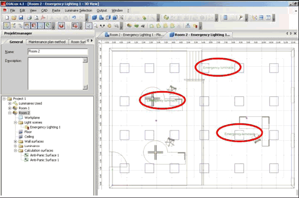 Emergency luminaires in the CAD view