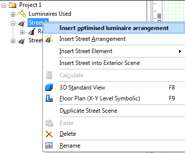 Context menu luminaire arrangement